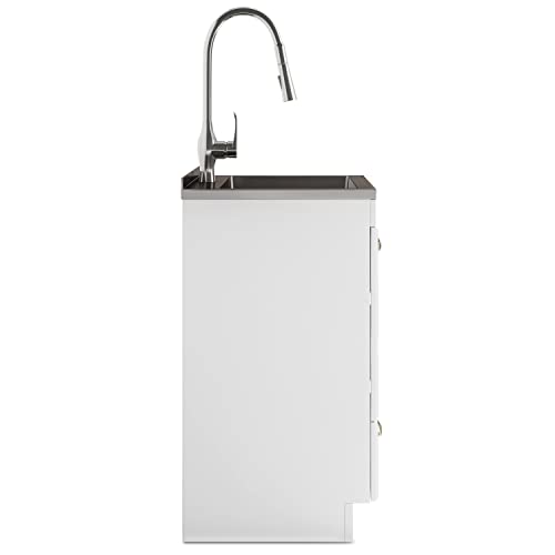SIMPLIHOME Lawrence All-in-One 24 inch Wide Utility Sink and Laundry Cabinet in Pure White Finish, Transitional Stainless Steel Sink Cabinet for Laundry Rooms with High-Arch Brushed Nickel Faucet - size: 24 inch