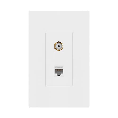 ENERLITES 2-Port Screwless Wall Plate with 1 CAT6 RJ45 Keystone Jack Module & 1 Gold F-Type Coupler Bulkhead Audio/Video Connector, Standard Size 1-Gang 4.69" x 2.93", SI8872CFGD-W, White - size: Screwless 2-Port