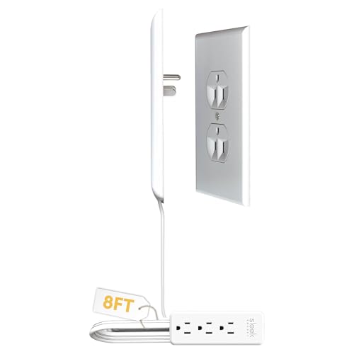 Sleek Socket Original & Patented Ultra-Thin Outlet Concealer with Cord Concealer Kit, Flat Extension Cord with Multi Outlets Power Strip, Ideal for Home Improvement, Hide Bulky and Messy Cords - size: 8ft - Single Cord, style: Inverted Outlet