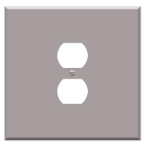 OVERSIZED Metal Outlet Cover, 2 Gang Jumbo Electrical Outlet Cover Plate (for 1 Centered Device), Wall Plate Cover for Duplex Outlets, Steel Painted Grey - UL Listed, 5.5" x 5.5" - Made in USA - color: Outlet - Grey