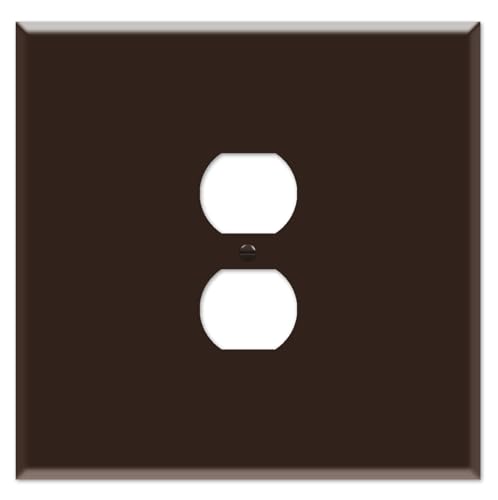 OVERSIZED Metal Outlet Cover, 2 Gang Jumbo Electrical Outlet Cover Plate (for 1 Centered Device), Wall Plate Cover for Duplex Outlets, Steel Painted Brown - UL Listed, 5.5" x 5.5" - Made in USA - color: Outlet - Brown