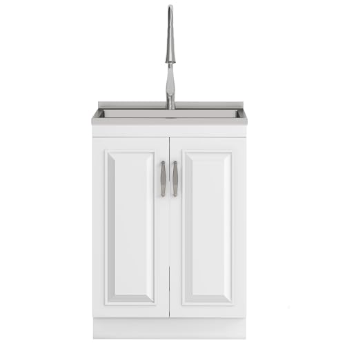 SIMPLIHOME Darwin All-in-One 24 inch Wide Utility Sink and Laundry Cabinet in Pure White Finish, Transitional Stainless Steel Sink Cabinet for Laundry Rooms with High-Arch Chrome Faucet and Storage - size: 24 Inch, style: Stainless Steel Sink