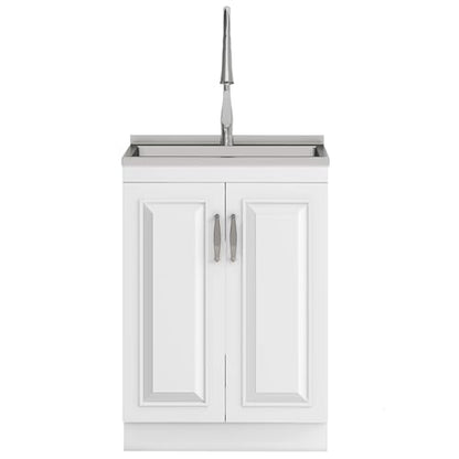 SIMPLIHOME Darwin All-in-One 24 inch Wide Utility Sink and Laundry Cabinet in Pure White Finish, Transitional Stainless Steel Sink Cabinet for Laundry Rooms with High-Arch Chrome Faucet and Storage - size: 24 Inch, style: Stainless Steel Sink