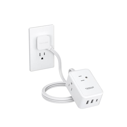 TESSAN Small Flat Plug Power Strip, Ultra Thin Extension Cord 5 ft, 3 AC Outlets with 3 USB Ports (1 USB C), Multiple Wall Outlet Extender for Cruise Travel Office School Dorm Room Essentials, White - color: White, size: 5 FT (3 USB Ports)