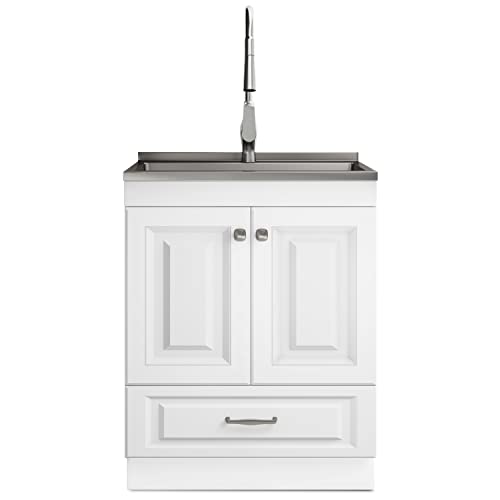 SIMPLIHOME Lawrence All-in-One 28 inch Wide Utility Sink and Laundry Cabinet in Pure White Finish, Transitional Stainless Steel Sink Cabinet for Laundry Rooms with High-Arch Brushed Nickel Faucet - size: 28 inch