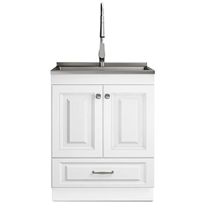 SIMPLIHOME Lawrence All-in-One 28 inch Wide Utility Sink and Laundry Cabinet in Pure White Finish, Transitional Stainless Steel Sink Cabinet for Laundry Rooms with High-Arch Brushed Nickel Faucet - size: 28 inch