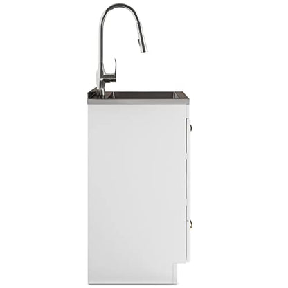 SIMPLIHOME Lawrence All-in-One 28 inch Wide Utility Sink and Laundry Cabinet in Pure White Finish, Transitional Stainless Steel Sink Cabinet for Laundry Rooms with High-Arch Brushed Nickel Faucet - size: 28 inch