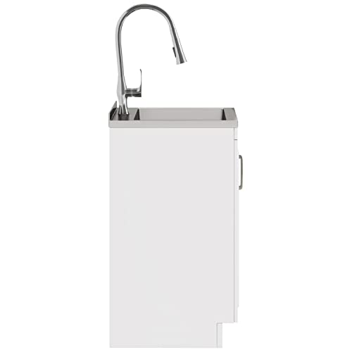 SIMPLIHOME Darwin All-in-One 24 inch Wide Utility Sink and Laundry Cabinet in Pure White Finish, Transitional Stainless Steel Sink Cabinet for Laundry Rooms with High-Arch Chrome Faucet and Storage - size: 24 Inch, style: Stainless Steel Sink