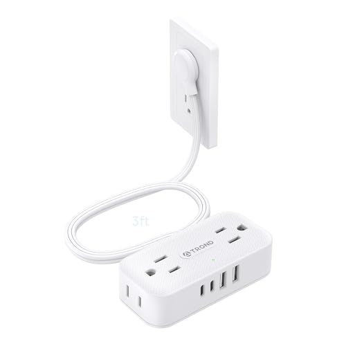 TROND Flat Plug Power Strip 3FT, Small Flat Extension Cord with Multiple Outlets, 4 AC and 4 USB Ports (2 USB C), Wall Mount 900J Surge Protector for Home Office Travel Dorm Room Essentials, White - color: White, size: 3FT, style: NO Outlet Cover