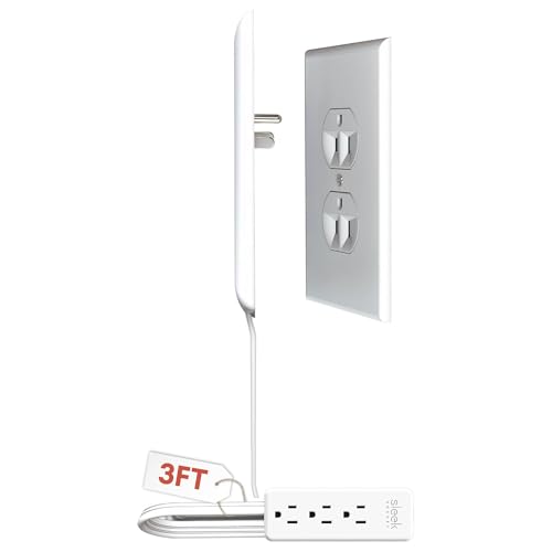 Sleek Socket Original & Patented Ultra-Thin Outlet Concealer with Cord Concealer Kit, Flat Extension Cord with Multi Outlets Power Strip, Ideal for Home Improvement, Hide Bulky and Messy Cords - size: 3ft - Single Cord, style: Inverted Outlet