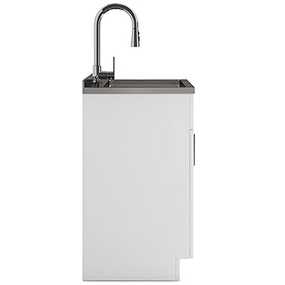 SIMPLIHOME Modern Wide Shaker All-in-One 28 inch Wide Utility Sink and Laundry Cabinet in Pure White Finish, Transitional Stainless Steel Sink Cabinet for Laundry Rooms with High-Arch Chrome Faucet - color: White, size: 28 Inch