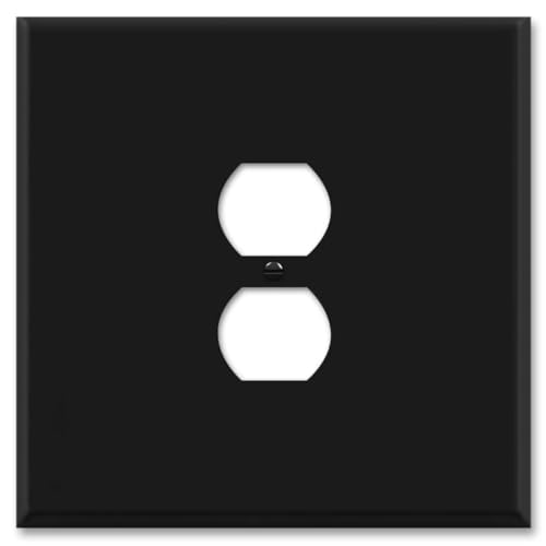 OVERSIZED Metal Outlet Cover, 2 Gang Jumbo Electrical Outlet Cover Plate (for 1 Centered Device), Wall Plate Cover for Duplex Outlets, Steel Painted Black - UL Listed, 5.5" x 5.5" - Made in USA - color: Outlet - Black