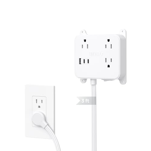 TROND 3FT Short Extension Cord, Ultra Thin Flat Plug Power Strip with 2 USB C, 3 AC Widely Spaced Outlets, Wall Mount Power Cord for Furniture, Screw on Wall Outlet Behind TV, Couch, Cabinet - color: White, size: 3FT