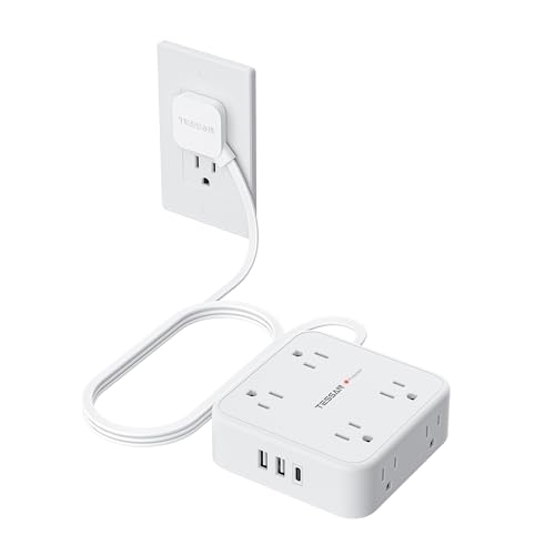 TESSAN Surge Protector Power Strip, 5 Ft Flat Plug Extension Cord with 3 USB (1 USB C) 8 Outlets, 1250W, 900J Protection, 3 Sided Outlet Extender with Power Switch for Office, Dorm Room, White - color: White with 1 USB C, size: 5 Feet
