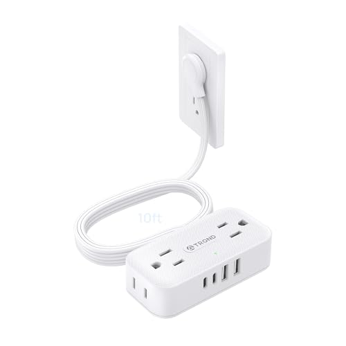 TROND Flat Plug Power Strip 10FT, Small Flat Extension Cord with Multiple Outlets, 4 AC and 4 USB Ports (2 USB C), Wall Mount Outlet Extender Adapter for Home Office Travel Dorm Room Essentials, White - color: White, size: 10ft, style: NO Outlet Cover