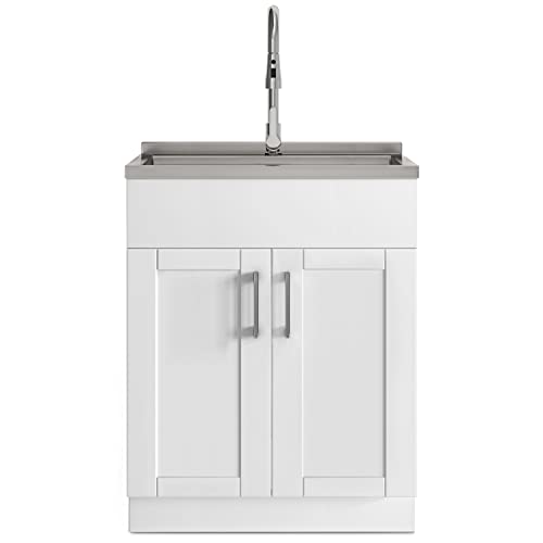 SIMPLIHOME Modern Wide Shaker All-in-One 28 inch Wide Utility Sink and Laundry Cabinet in Pure White Finish, Transitional Stainless Steel Sink Cabinet for Laundry Rooms with High-Arch Chrome Faucet - color: White, size: 28 Inch
