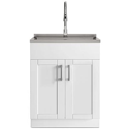 SIMPLIHOME Modern Wide Shaker All-in-One 28 inch Wide Utility Sink and Laundry Cabinet in Pure White Finish, Transitional Stainless Steel Sink Cabinet for Laundry Rooms with High-Arch Chrome Faucet - color: White, size: 28 Inch