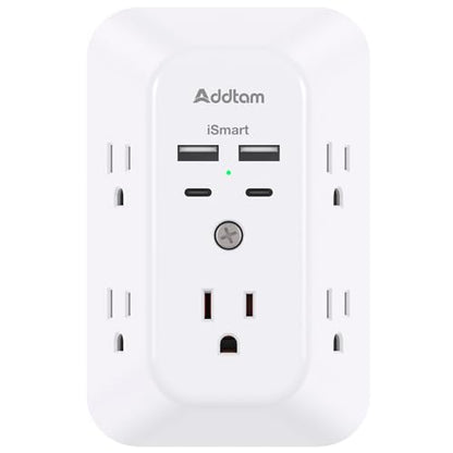 Addtam 5-Outlet Extender Surge Protector, Multi Plug Wall Outlet with 4 USB Wall Charger(2 USB C Ports), Outlet Splitter Power Strip for Home Office Dorm Room Essentials, Plug Extension Outlet 1800J - size: 2C2A