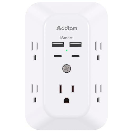 Addtam 5-Outlet Extender Surge Protector, Multi Plug Wall Outlet with 4 USB Wall Charger(2 USB C Ports), Outlet Splitter Power Strip for Home Office Dorm Room Essentials, Plug Extension Outlet 1800J - size: 2C2A