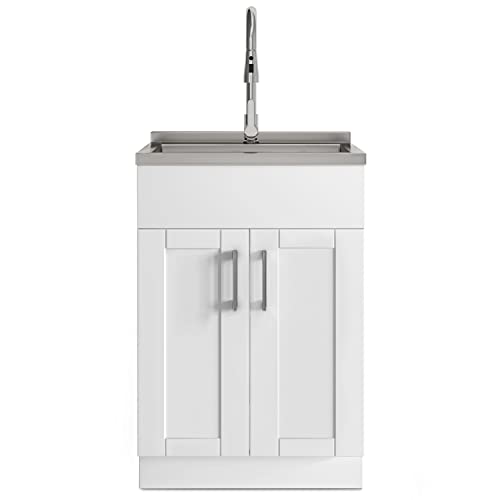 SIMPLIHOME Modern Wide Shaker All-in-One 24 inch Wide Utility Sink and Laundry Cabinet in Pure White Finish, Transitional Stainless Steel Sink Cabinet for Laundry Rooms with High-Arch Chrome Faucet - color: White, size: 24 Inch