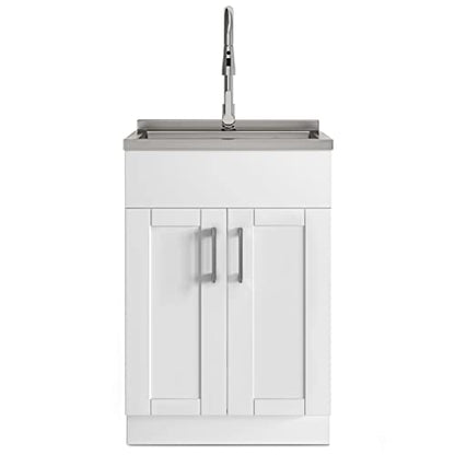 SIMPLIHOME Modern Wide Shaker All-in-One 24 inch Wide Utility Sink and Laundry Cabinet in Pure White Finish, Transitional Stainless Steel Sink Cabinet for Laundry Rooms with High-Arch Chrome Faucet - color: White, size: 24 Inch