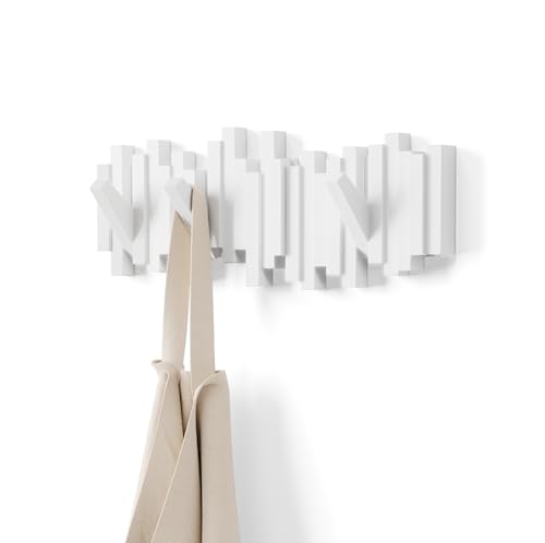 Umbra Sticks Wall-Mounted Coat Rack Rail Hook with 5 Retractable Pegs – Modern, Space-Saving Storage Organizer, White - color: White, size: 5-Hook