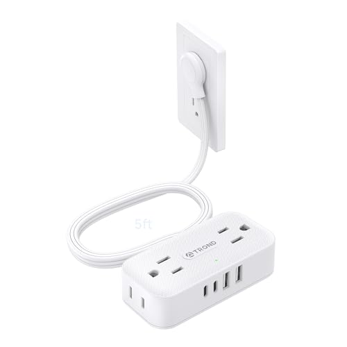 TROND Flat Plug Power Strip 5FT, Small Flat Extension Cord with Multiple Outlets, 4 AC and 4 USB Ports (2 USB C), Wall Mount 900J Surge Protector for Home Office Travel Dorm Room Essentials, White - color: White, size: 5FT, style: NO Outlet Cover