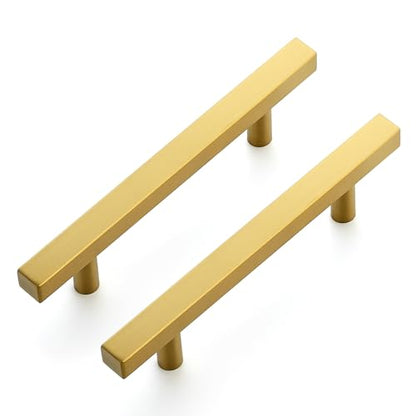 10 Pack Brushed Brass Cabinet Handles with 3-3/4 Inch (96 mm) Hole Center, Square Kitchen Hardware for Cabinets & Drawers, Stainless Steel Pulls, 6 Inch Overall Length - color: Brushed Brass Square T-Shaped, size: 3-3/4" Hole Center