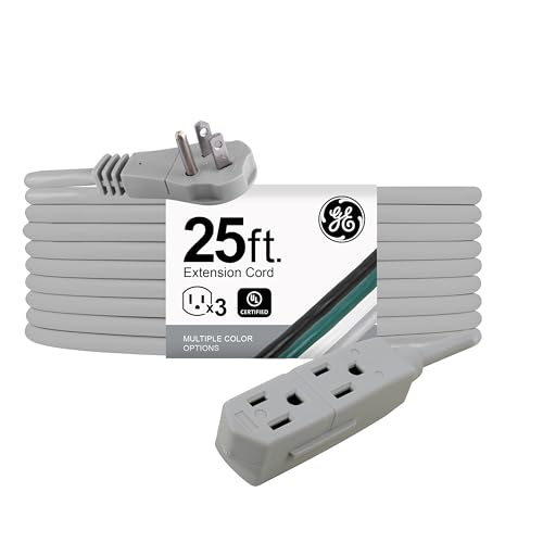 GE 3-Outlet Flat Extension Cord 25 Ft Grounded Extension Cord with Multiple Outlets 3 Prong Outlet Extender Flat Plug Indoor Power Strip 16 Gauge UL Listed Gray, 43025 - color: Gray, size: 25 Ft