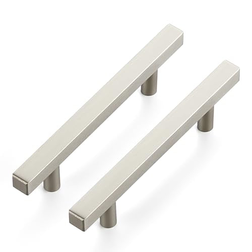 10 Pack Brushed Nickel Cabinet Handles with 3-3/4 Inch (96 mm) Hole Center, Square Kitchen Hardware for Cabinets & Drawers, Stainless Steel Pulls, 6 Inch Overall Length - color: Brushed Nickel Square T-Shaped, size: 3-3/4" Hole Center