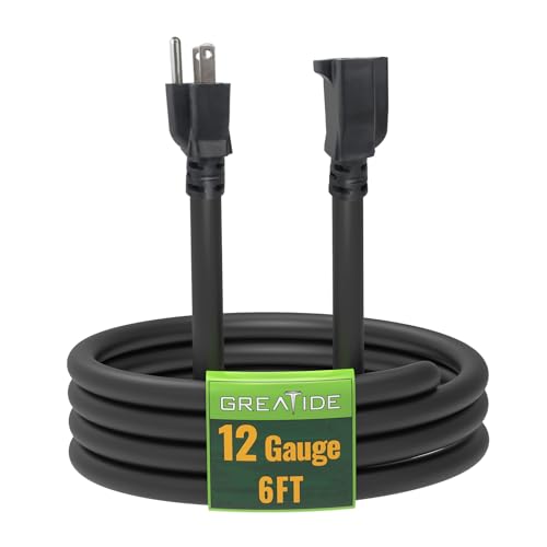 6 Ft Outdoor Extension Cord - 12/3 SJTW Heavy Duty Black Extension Cable with 3 Prong Grounded Plug - Power Cord for Lawn, Garden, Appliances - color: Black, size: 6 ft