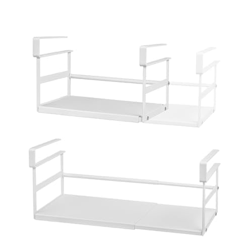 Under Shelf Storage Basket, 2 Pack Heavy-Duty Hanging Baskets Under Cabinet Shelf Organizer, Expandable Add-on Space Saver Kitchen, Pantry, Laundry Room, Slide-in White Shallow Depth - size: 10.04-16.81" W × 7.2" D × 7.6" H