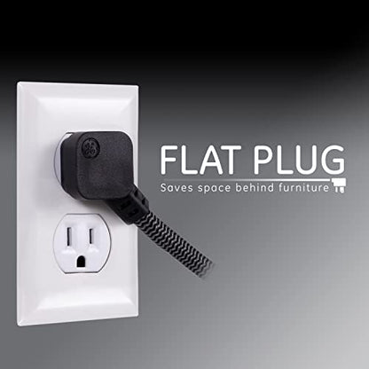 GE UltraPro 6 Outlet Surge Protector, 2 Ft Designer Braided Extension Cord, Flat Plug, Long Power Cord, Wall Mount, Black, 44070