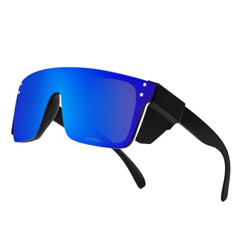 Z87 Polarized Wraparound Safety Sunglasses, UV400 Protective Eyewear for Work and Outdoors - color: Matte Black Blue Mirror