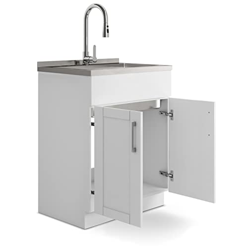 SIMPLIHOME Modern Wide Shaker All-in-One 28 inch Wide Utility Sink and Laundry Cabinet in Pure White Finish, Transitional Stainless Steel Sink Cabinet for Laundry Rooms with High-Arch Chrome Faucet - color: White, size: 28 Inch