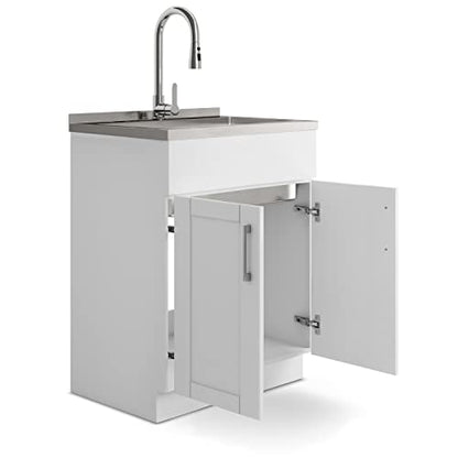 SIMPLIHOME Modern Wide Shaker All-in-One 28 inch Wide Utility Sink and Laundry Cabinet in Pure White Finish, Transitional Stainless Steel Sink Cabinet for Laundry Rooms with High-Arch Chrome Faucet - color: White, size: 28 Inch