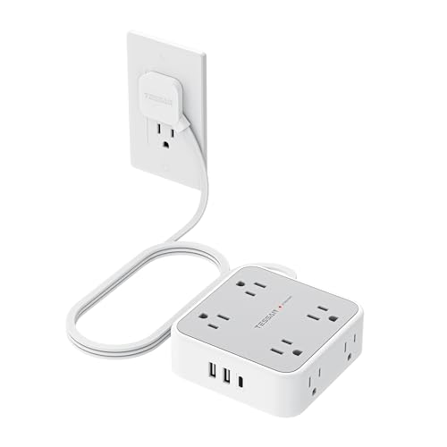 TESSAN Surge Protector Power Strip, 5 Ft Flat Plug Extension Cord with 3 USB (1 USB C) 8 Outlets, 1250W, 900J Protection, 3 Sided Outlet Extender with Power Switch for Office, Dorm Room, Grey - color: Grey with 1 USB C, size: 5 Feet