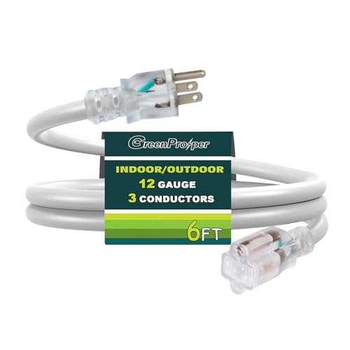 6 FT White Extension Cord with Lighted End, 12 AWG 3 Prong Indoor Outdoor Heavy Duty Waterproof Power Cable for Major Appliance, 12/3 SJTW UL Listed - color: White, size: 6 FT