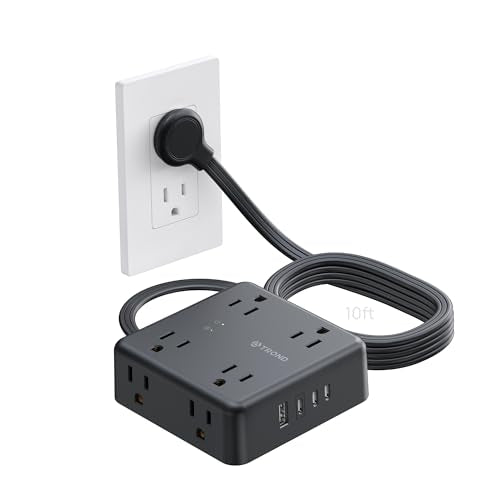 TROND Surge Protector Power Strip, 10FT Flat Plug Extension Cord with 8 Outlets & 4 USB Ports (3 USB C), 1625W, Wall Mount Outlet Extender for Home Office Dorm Room Essentials, Black - color: Black, size: 10FT(8 AC)