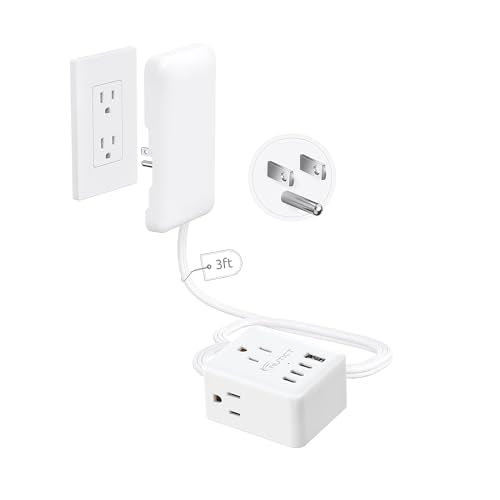 NUTICT 3FT Short Extension Cord with Outlet Cover, Flat Plug Power Strip with 3 Outlets & 3 USB-C & 1 USB-A Port, Wall Mountable, Flat Face Outlet Extender Hidden Behind Couch, Bed, Desk, White - size: 3FT