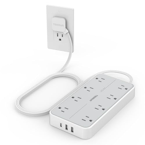 TESSAN Power Strip Surge Protector, Flat Plug Extension Cord with 8 Outlets 3 USB Charger(1 USB C), 1080 Joules Protection, Wall Mountable Charging Station for Home Office School Dorm Room Essentials - color: Gray, size: 6FT-1080J surge protection