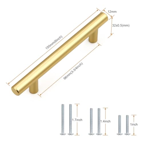 Probrico 5 Pack Hole Centers (96mm) 3.75inch Gold Kitchen Cabinet Handles Stainless Steel Polished Gold Cabinet Pulls Round T Bar Pull Handle for Cabinets and Drawers Total Length 6inch(150mm) - color: Gold, size: Hole Centers: 3-3/4"