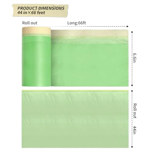 Thickened Pre-Taped Masking Film, Masking Tape Painters Plastic, Paint Protection Film Masking Master for Auto Body Walls Furniture, 44" x 66'(2 Rolls) - size: 44in x 66ft