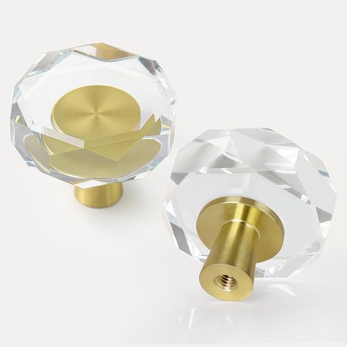4 Pack Gold Crystal Cabinet Knobs, 1-1/4 Inch Glass Drawer Pulls and Brass Handles for Kitchen,Dressers, Closets and Bathroom Hardware - color: Gold-4 pack, size: Octagon