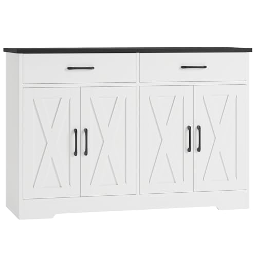 HOSTACK Buffet Cabinet with Storage, 47.2" Kitchen Sideboard Buffet with Drawers, Modern Farmhouse Coffee Bar Station with Shelves, Barn Doors Storage Cabinet for Living Room, White/Black - color: White/Black