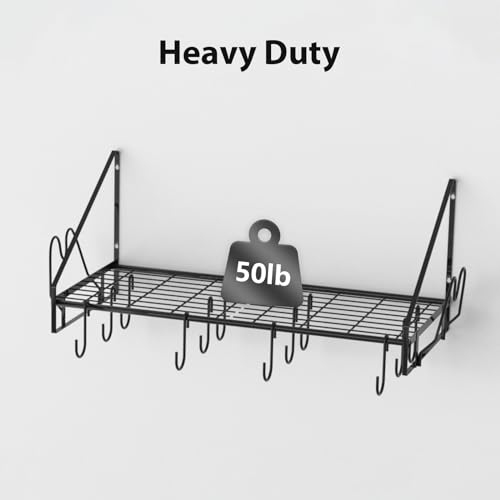 VyGrow 28 Inch Pot Rack Wall Mounted, Pots and Pans Organizer with 12 Hooks and 2 Pot Lid Holders, Heavy Duty Steel Pot and Pan Hanger for Kitchen Cookware Utensils Storage 34.7" Lx13 Wx12.6 H - color: 28"W 1 Tier Black