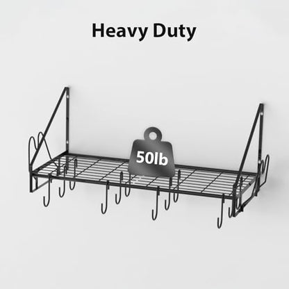 VyGrow 28 Inch Pot Rack Wall Mounted, Pots and Pans Organizer with 12 Hooks and 2 Pot Lid Holders, Heavy Duty Steel Pot and Pan Hanger for Kitchen Cookware Utensils Storage 34.7" Lx13 Wx12.6 H - color: 28"W 1 Tier Black