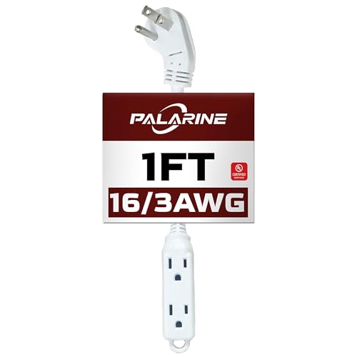 Indoor Extension Cord Power Strip 3 Outlets Flat Plug, UL Listed, 16 Gauge 1 ft White 3 Prong Heavy Duty, 16/3 SJTW 13A Outlet Extender - color: White, size: 1 FT