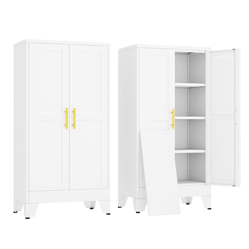 erosoei 47" H Metal Garage Storage Cabinet, Metal Pantry Cabinet with 2 Doors, Locker Steel Cabinet with 3 Adjustable Shelves, Freestanding Cupboard for Garage,Office,Home,Gym,School - color: White, size: 47"No wheels, no locks