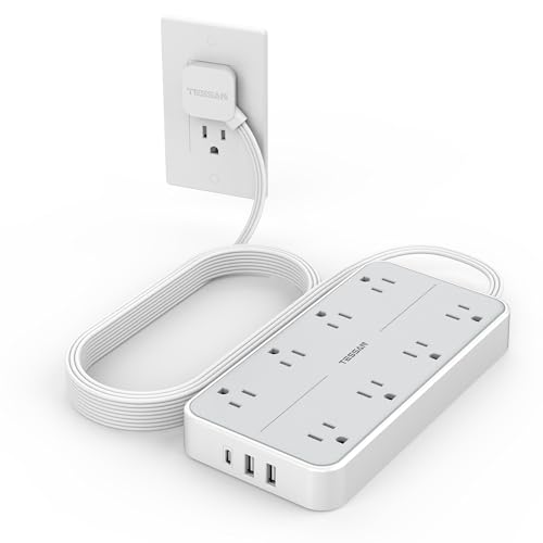 TESSAN Power Strip Surge Protector, 10FT Flat Plug Extension Cord with 8 Outlets 3 USB Charger(1 USB C), 1080 Joules Protection, Wall Mountable Charging Station for Home Office Dorm, Gray - color: Gray, size: 10FT-1080J surge protection